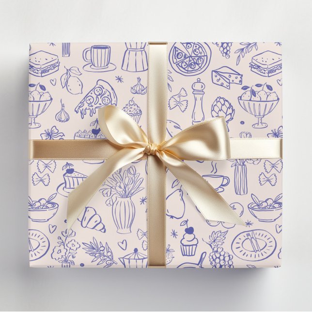 Papel De Presente Cute Hand Drawn Italian Food and Flowers Kitchen (In situ)