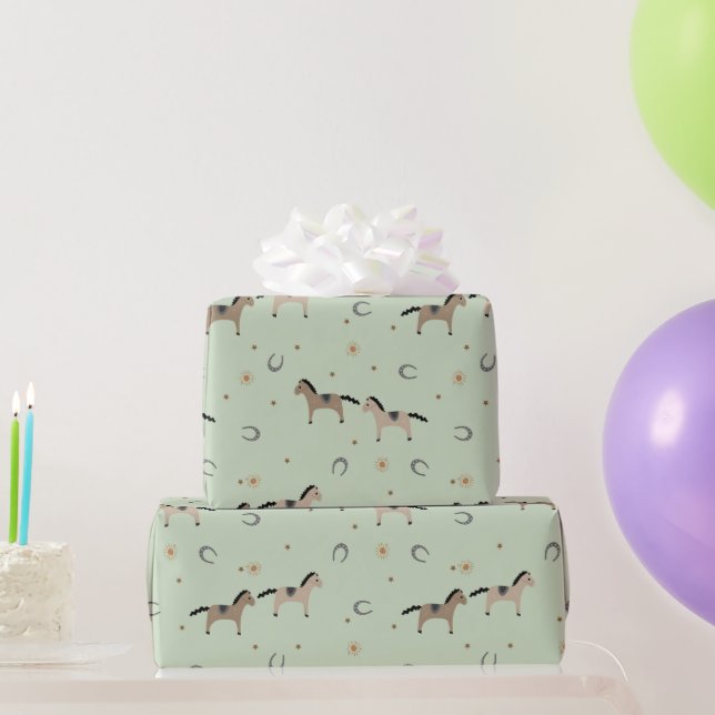 Papel De Presente Cute Horses & Horseshoes Kids Birthday Sage Green (Presentes para festas)