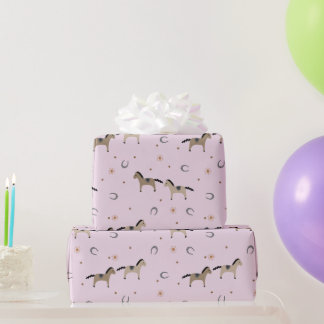 Papel De Presente Cute Horses & Horseshoes Kids Birthday Soft Pink