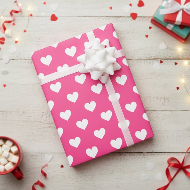 Papel De Presente Cute Hot Pink And White Heart Patterned (Cute Hot Pink And White Heart Patterned Wrapping Paper)