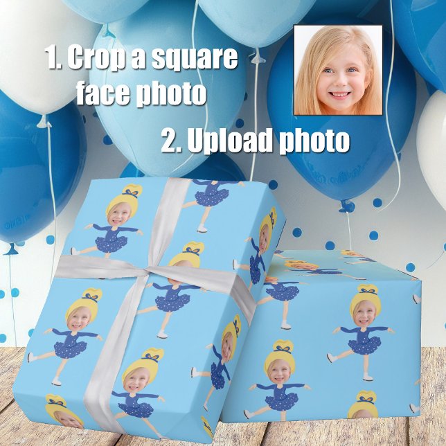 Papel De Presente Cute Ice Skating Girl Custom Photo Template Blue (Criador carregado)