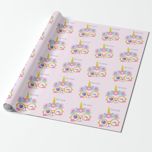 Papel De Presente Cute Kawaii Bear Unicorn Cara Rosa Personalizada (Desenrolado)
