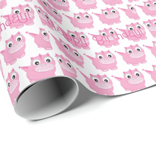 Papel De Presente Cute Kawaii Pink Dino (Ponta do rolo)