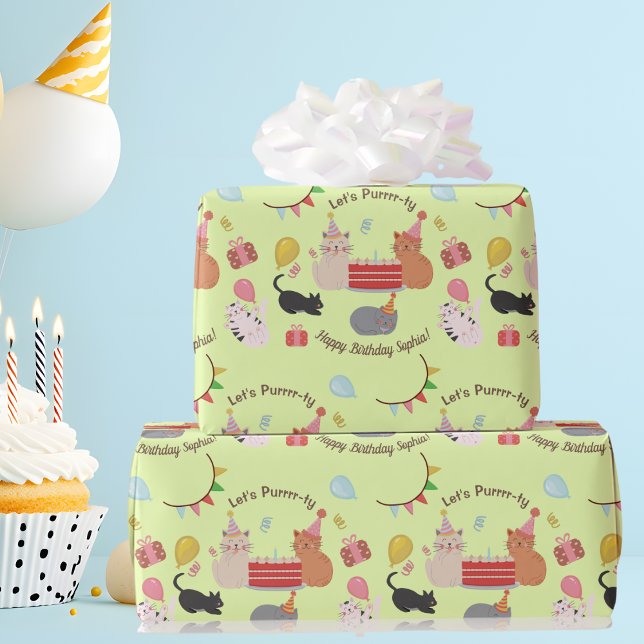 Papel De Presente Cute Kitty Cats Let's Purrrr-ty Kid's Birthday (Criador carregado)