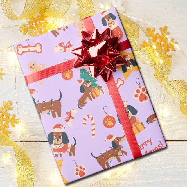 Papel De Presente Cute Lilac Natal Dachshund Alegre Woofmas (Cute festive Dachshund wrapping paper in lilac, perfect for Dachshund dog lovers and the pups too!)