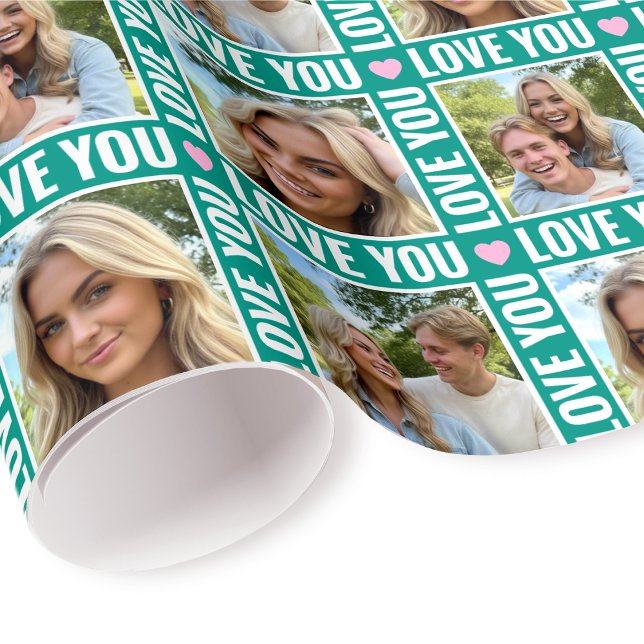 Papel De Presente Cute Love You 4 Photo Collage Green Pink Heart (Criador carregado)
