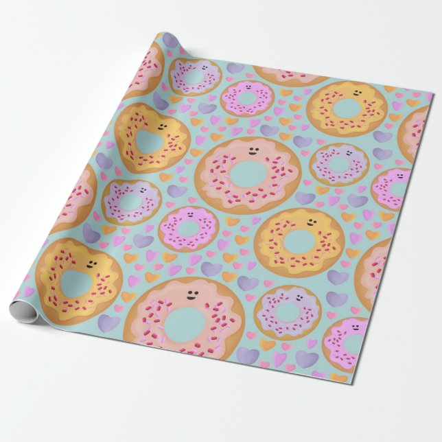 Papel De Presente Cute Pastel Donuts & Hearts (Desenrolado)
