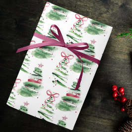 Papel De Presente Cute pink Coquette bows Christmas trees creme