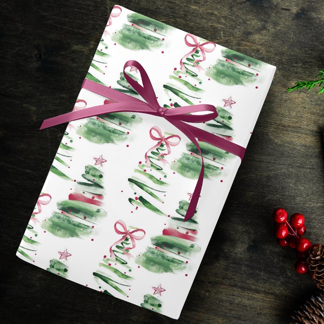 Papel De Presente Cute pink Coquette bows Christmas trees creme (Criador carregado)