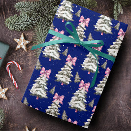 Papel De Presente Cute pink Coquette bows Christmas trees royal blue
