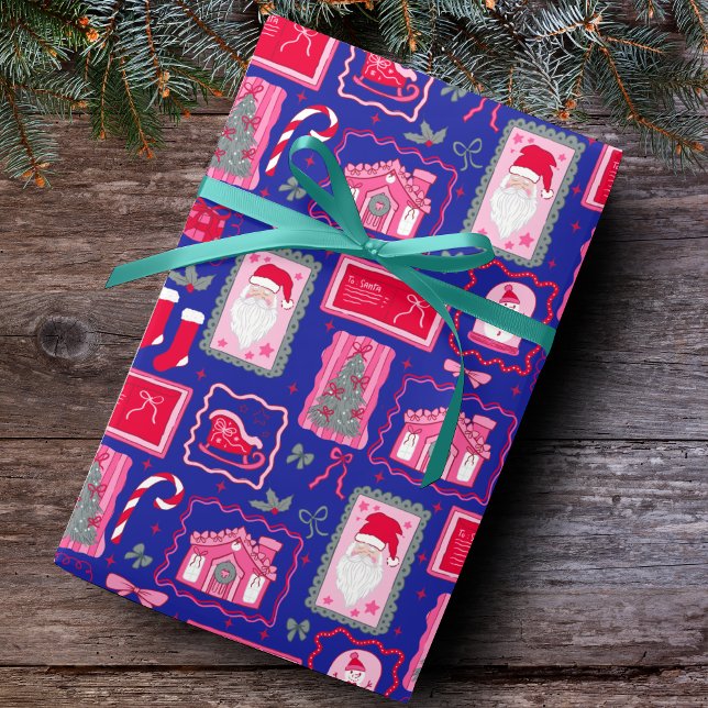 Papel De Presente Cute Pink Coquette Frames Pattern Christmas Blue (Criador carregado)