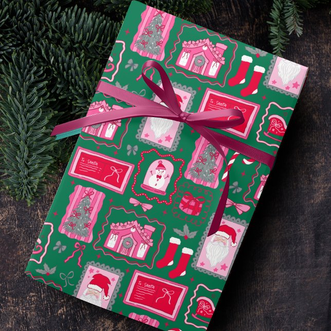 Papel De Presente Cute Pink Coquette Frames Pattern Christmas green (Criador carregado)