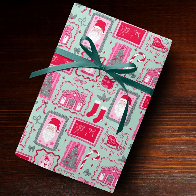 Papel De Presente Cute Pink Coquette Frames Pattern Christmas mint (Criador carregado)