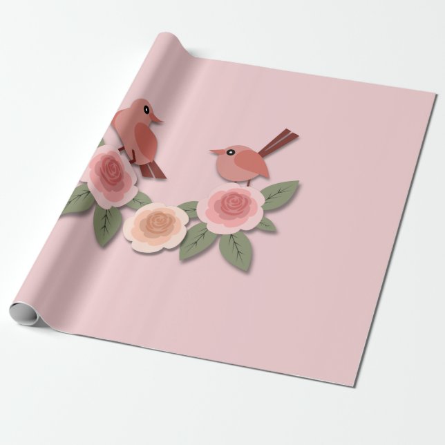 Papel De Presente Cute Pink Love Birds and Flowering Roses (Desenrolado)