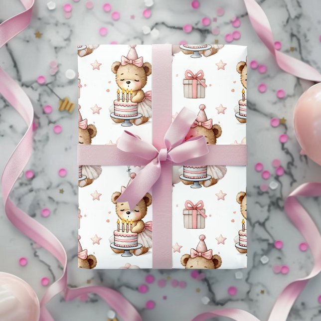 Papel De Presente Cute Pink Teddy Bear Birthday Party Wrapping Paper (Criador carregado)