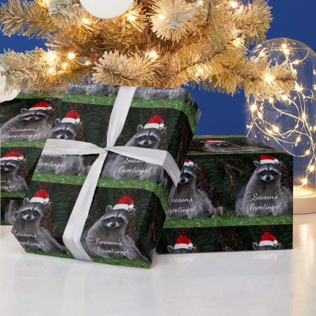 Papel De Presente Cute Raccoon Vestindo Feriado Vermelho Santa Hat (Feriados)