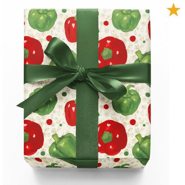 Papel De Presente Cute Red Green Bell Peppers Dots Vegan Vegetarian  (Criador carregado)