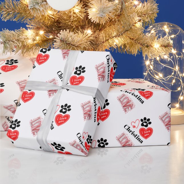 Papel De Presente Cute Red & White Paw Print Valentines Day Hearts  (Feriados)