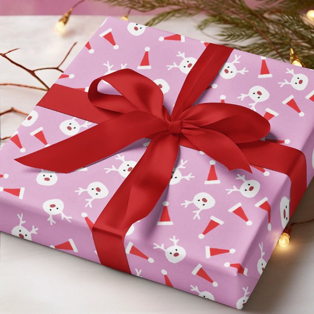 Papel De Presente Cute Reindeer Santa Hat Modern Christmas Pattern (Criador carregado)
