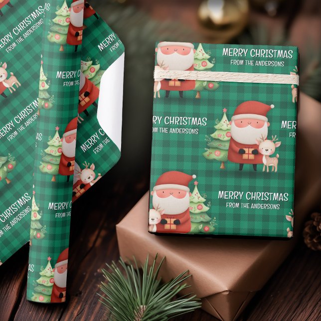 Papel De Presente Cute Santa Reindeer Merry Christmas Name Green (Cute Santa Reindeer Merry Christmas Name Green Wrapping Paper)