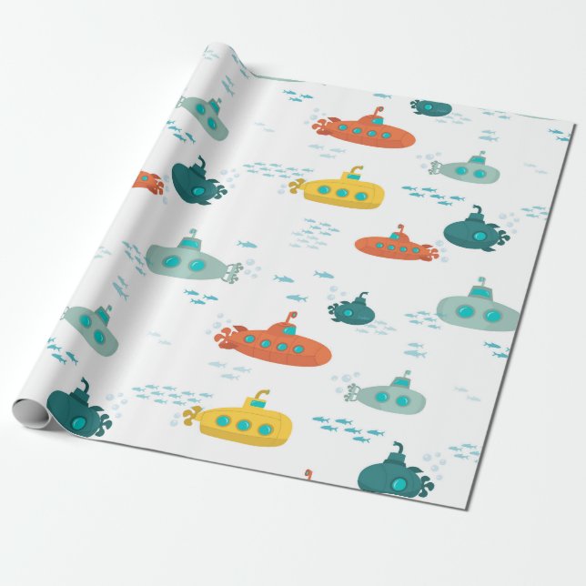 Papel De Presente Cute Submarine Nautical Deep Sea Fish Pattern (Desenrolado)