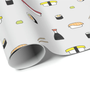 Papel De Presente Cute Sushi Roll Set Patterno Nigiri Maki Cinza Luz