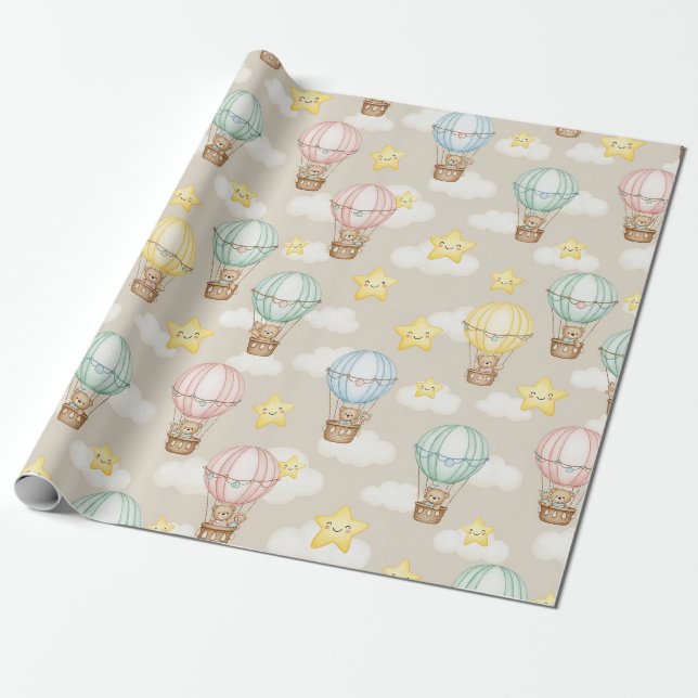 Papel De Presente Cute Teddy Bear Hot Air Balloon Neutral Pattern 1 (Desenrolado)