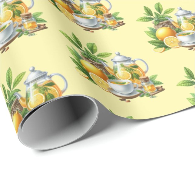 Papel De Presente Cute tiled lemon tea pattern  (Ponta do rolo)