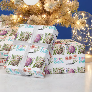 Papel De Presente Cute Tipografia Feliz de Páscoa com Nome de Ovos d