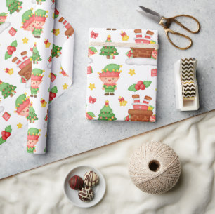 Papel De Presente Cute Watercolor Elf Santa Holly Berries Natal