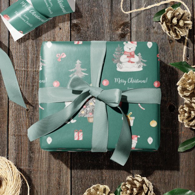 Papel De Presente Cute Watercolor Polar Bear with Christmas Greeting (Criador carregado)