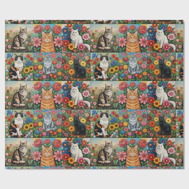 Papel De Presente Cute Whimsical Cats and Folk Art Flowers (Aberto)
