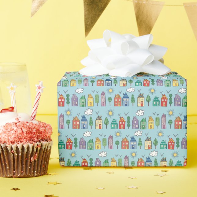 Papel De Presente Cute Whimsy Neighborhood Wrapping Paper Roll (Festa de aniversário)