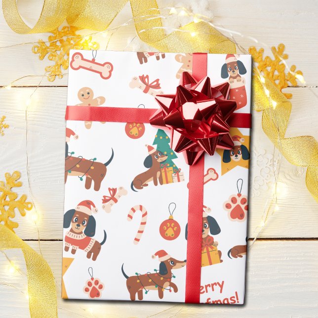 Papel De Presente Cute White Christmas Dachshund Merry Woofmas (Cute festive Dachshund wrapping paper in white, perfect for Dachshund dog lovers and the pups too!)