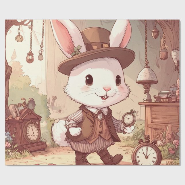 Papel De Presente Cute White Rabbit Wonderland Whimsical Timekeeper (Aberto)
