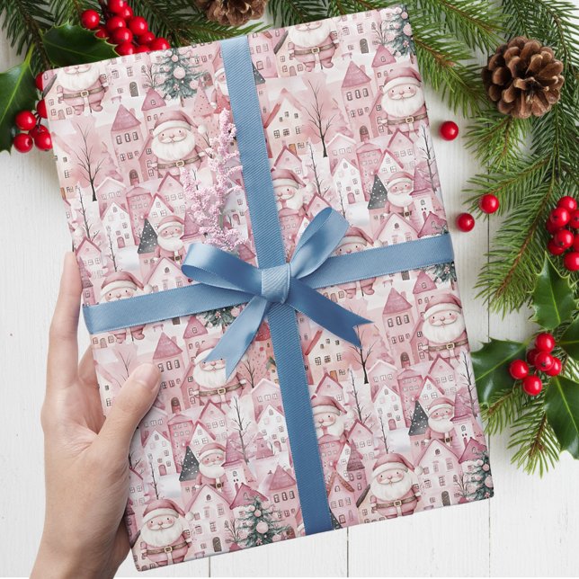 Papel De Presente Cute Winter Town Modern Pink Christmas (Criador carregado)