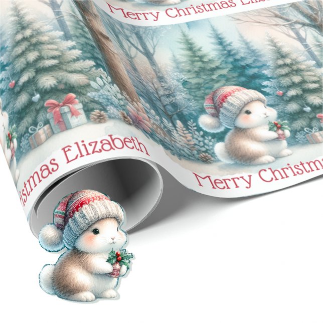 Papel De Presente Cute Woodland Bunny Christmas Personalize Name  (Criador carregado)