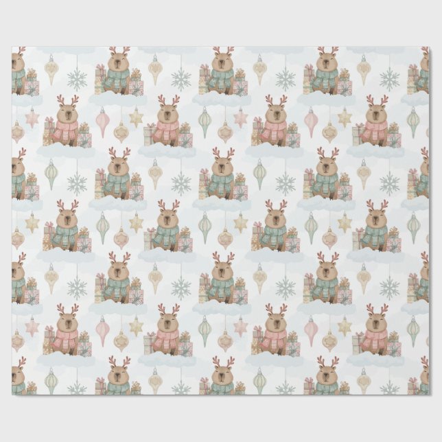 Papel De Presente Cute Woodland Reindeer Capybara Christmas  (Aberto)