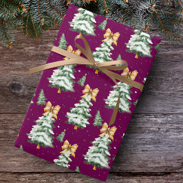 Papel De Presente Cute yellow Coquette bows Christmas trees magenta