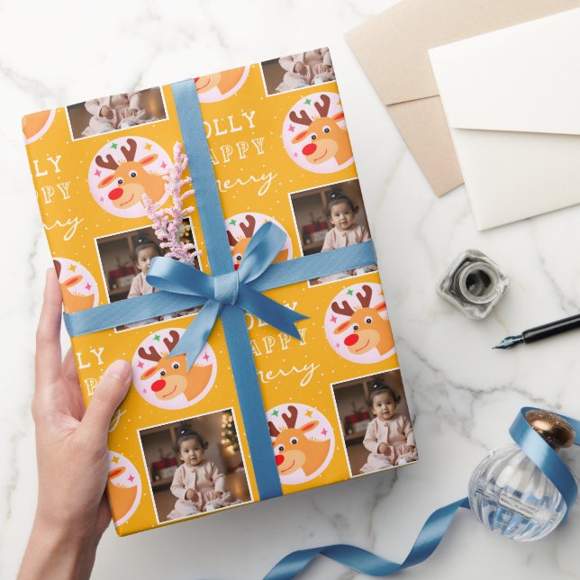 Papel De Presente Cute Yellow Reindeer Family Photo Christmas  (Presentear)