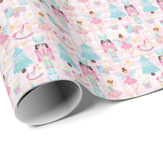 Papel De Presente Cuz Gingham Pink Christmas Nutcracker (Ponta do rolo)