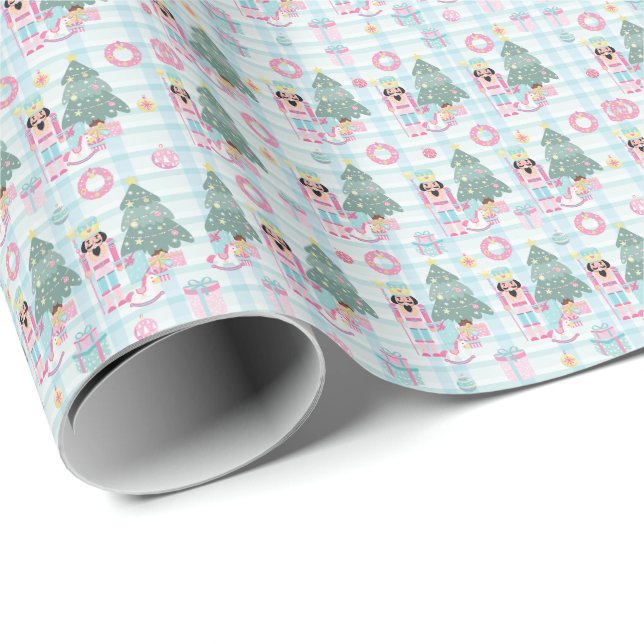 Papel De Presente Cuz Gingham Pink Christmas Nutcracker (Ponta do rolo)