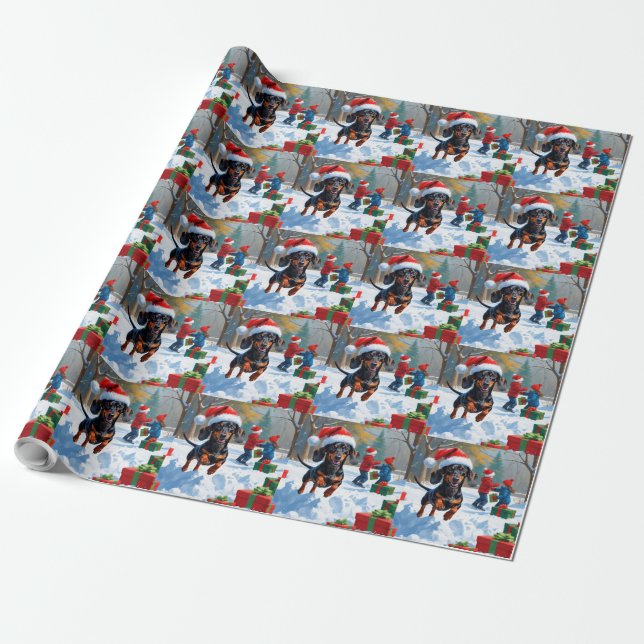 Papel De Presente Dachshund Correndo na Neve com Chapéu de Natal (Desenrolado)
