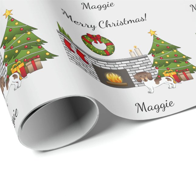 Papel De Presente Dachshund de Natal de Pelo Curto Marrom e Bege Mal (Ponta do rolo)
