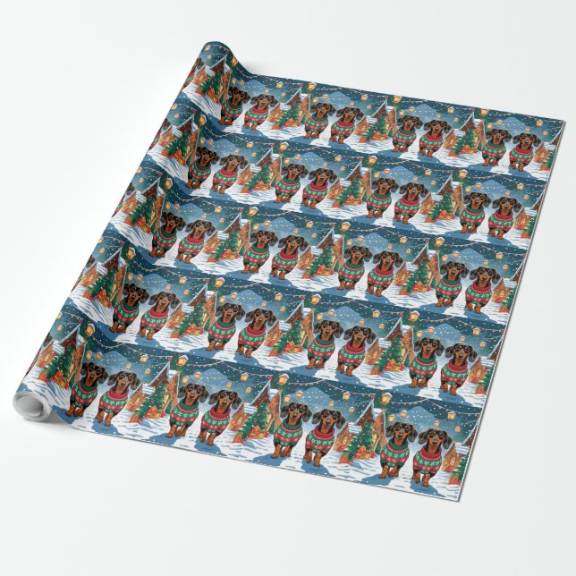 Papel De Presente Dachshund Dogs Christmas Snow Holiday (Desenrolado)