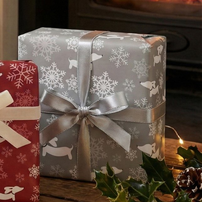 Papel De Presente Dachshund Snowflakes Silver Christmas Gift Wrap (Criador carregado)