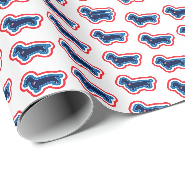 Papel De Presente Dachshund Vermelho Branco e Azul 4 de Julho (Ponta do rolo)