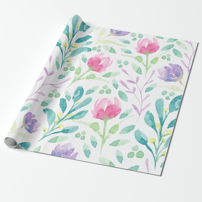 Papel De Presente Dacil Florais em Aquarela (Desenrolado)