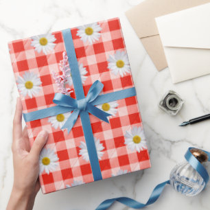 Papel De Presente Daisies Brancas em Gingham Vermelho e Branco