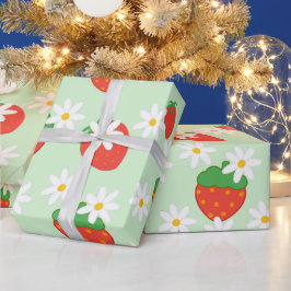 Papel De Presente Daisies Flower Floral morango Padrão Xmas